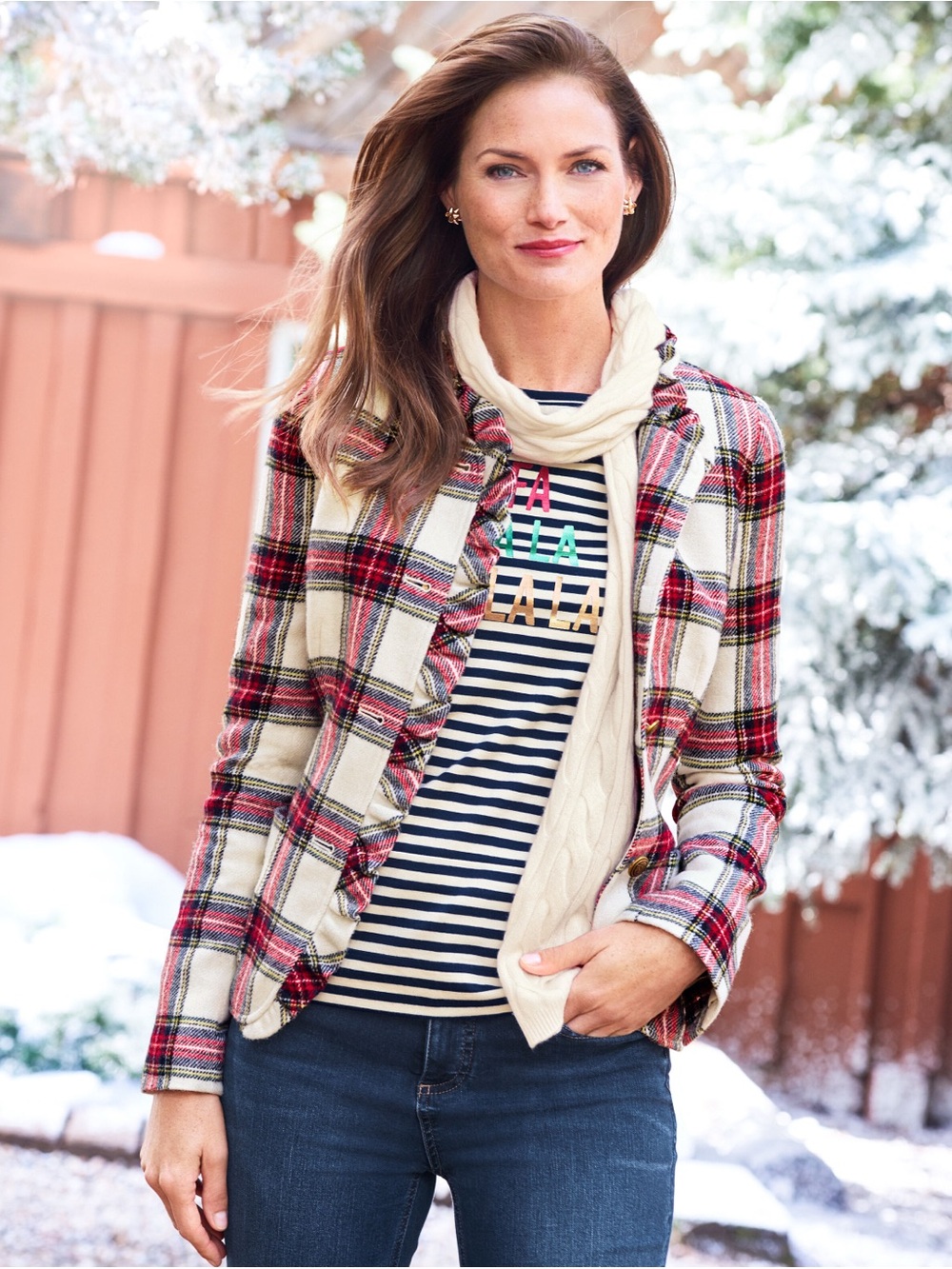 Talbots Cream Ruffle Trim Wool Shetland Tartan Plaid Blazer
